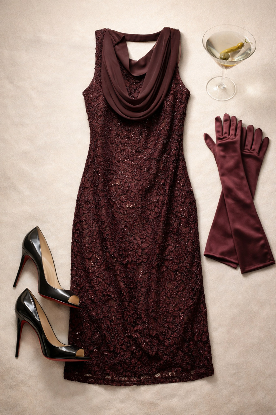 SLNY Cowl Neck Sequin Overlay Dress